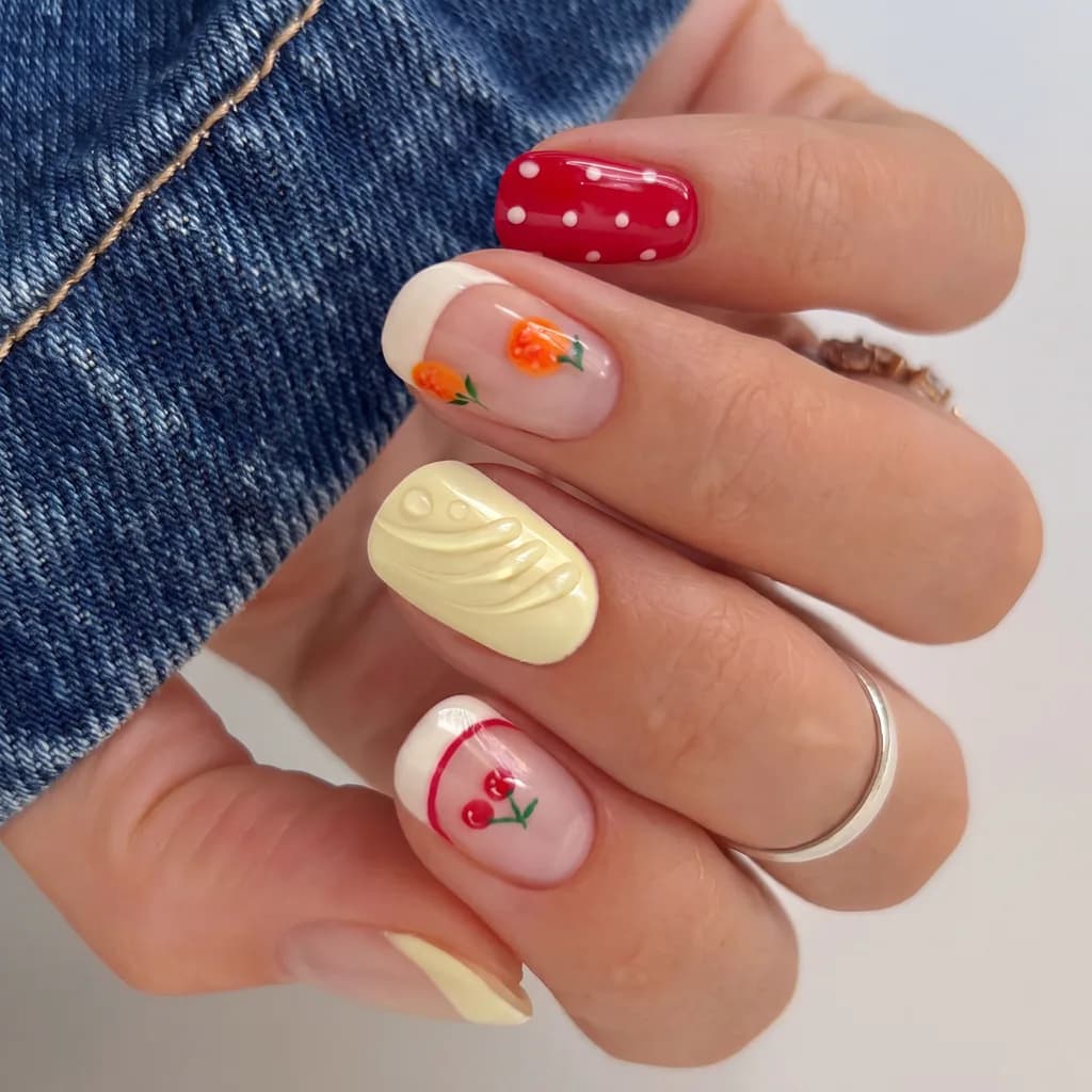 Fruit art manicure with cherries and polka dots