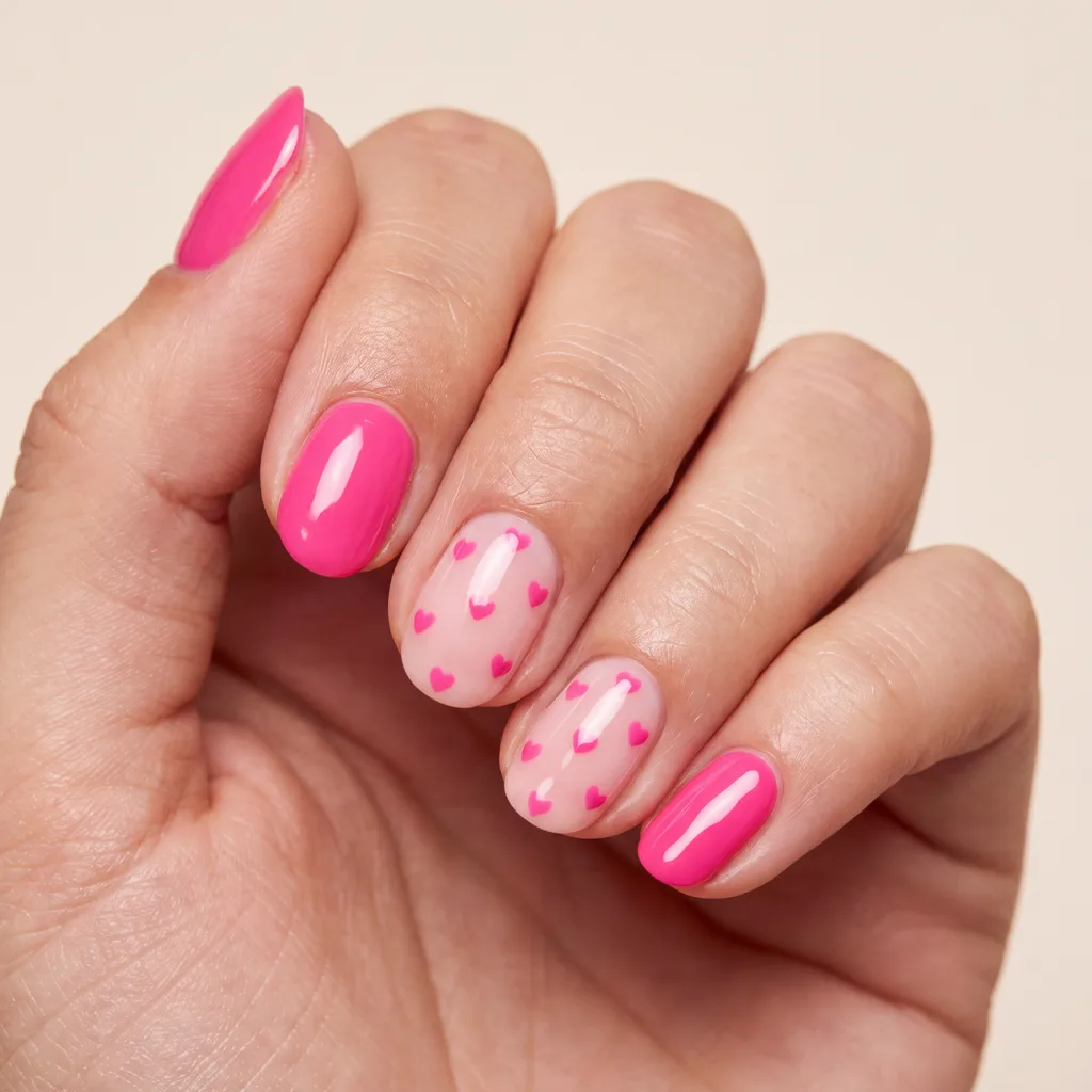 Pink manicure with tiny hearts