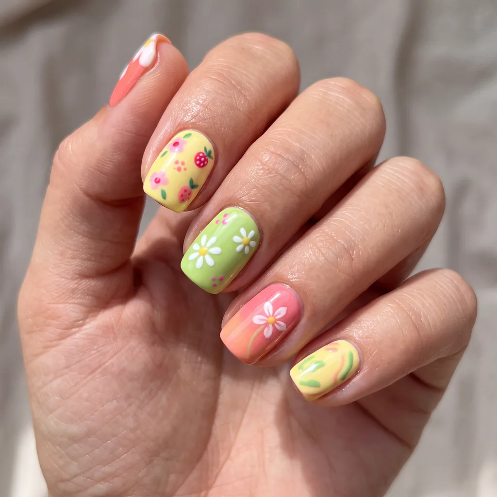 Pastel floral and fruit summer manicure