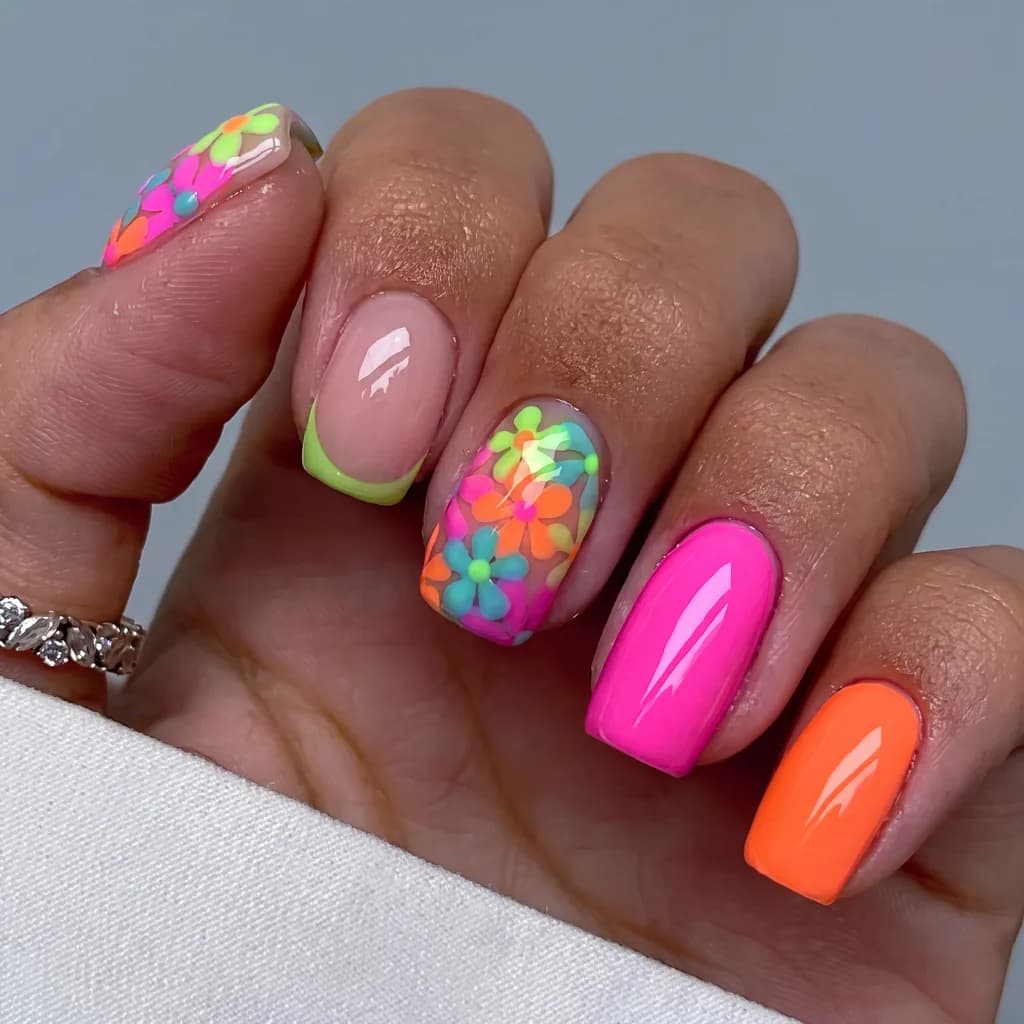 Neon flower summer manicure